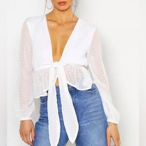 Boohoo Georgette Tie Front Peplum Blouse